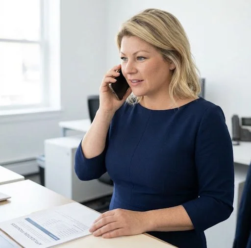 A woman with blonde hair, wearing a navy blue dress, talking on a cellphone in a bright office space. Keeping clients up to date