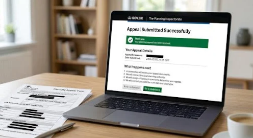 Laptop displaying a message that the appeal was successfully submitted, on a wooden desk with papers and a cup of coffee nearby. Planning appeal submitted to the Planning Inspectorate