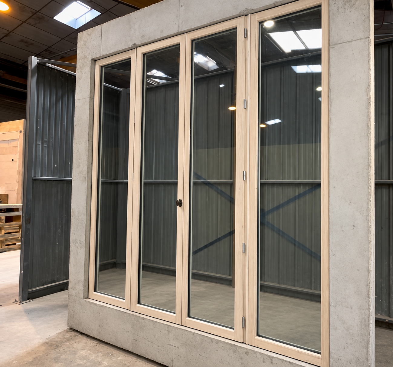 Une cabine en bois avec des portes vitrées, fixée à un mur en béton, située dans un entrepôt ou un atelier.