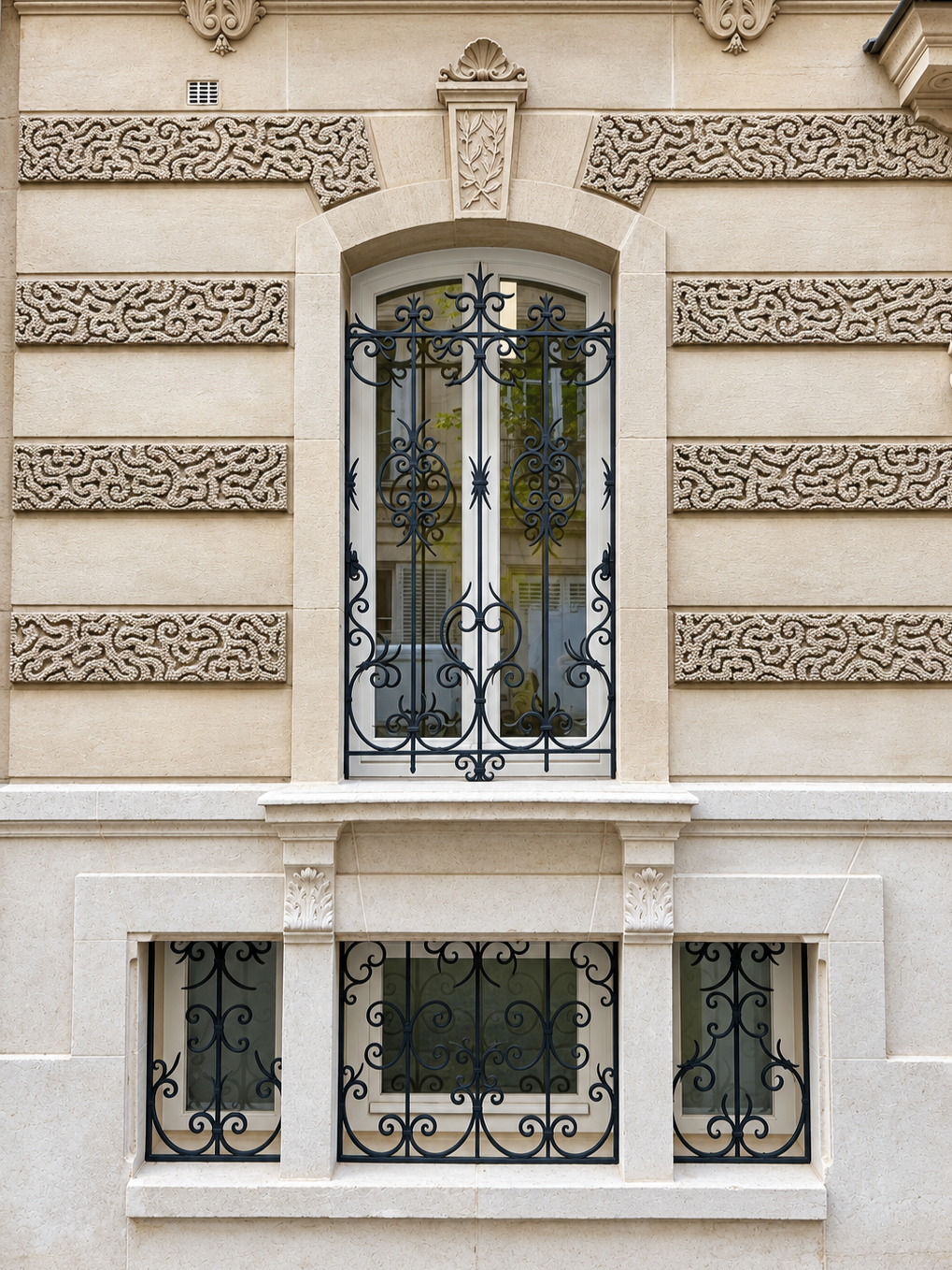 Fenêtres avec grillage en fer forgé sur façade en pierre beige avec détails décoratifs.