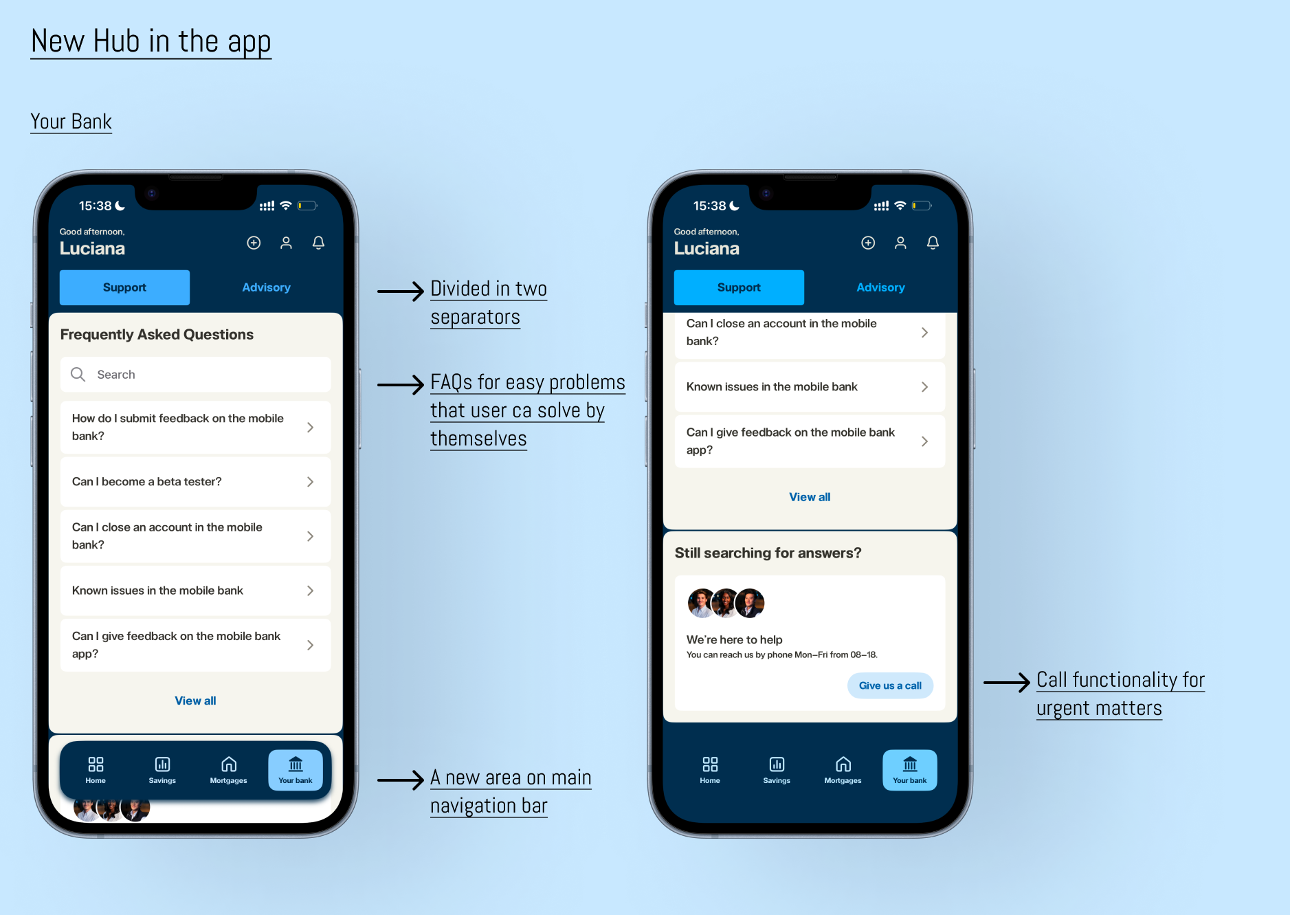 Comparison of two smartphone screens showing a banking app FAQ section, divided by two separators, with arrows pointing to labels indicating 'Divided in two separators' and 'FAQs for easy problems that user can solve by themselves', with some text saying 'A new area on main navigation bar' at the bottom.
