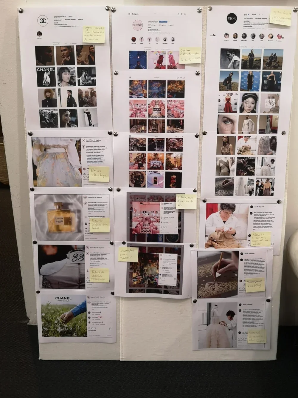 A collage of images and notes pinned on a white board, mostly showing Instagram posts, photos of fashion, art, and lifestyle scenes, with handwritten sticky notes in Spanish attached to some of the images.