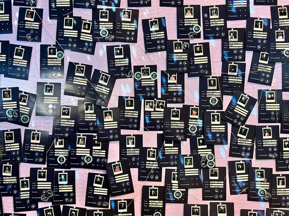 Many black ID cards with small photos and information placed on a pink surface.