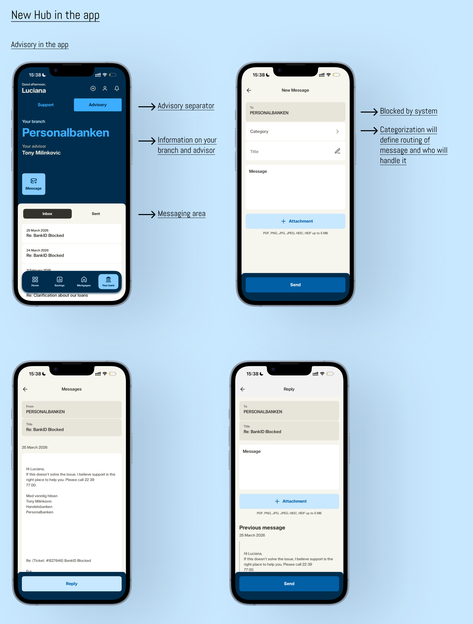 Screenshots showing a banking app interface with a support chat feature. The first screenshot displays the app's main menu with support and advisory options, and a message list. The second screenshot shows a compose message screen with fields for recipient, category, title, message, and attachments, along with a Send button.