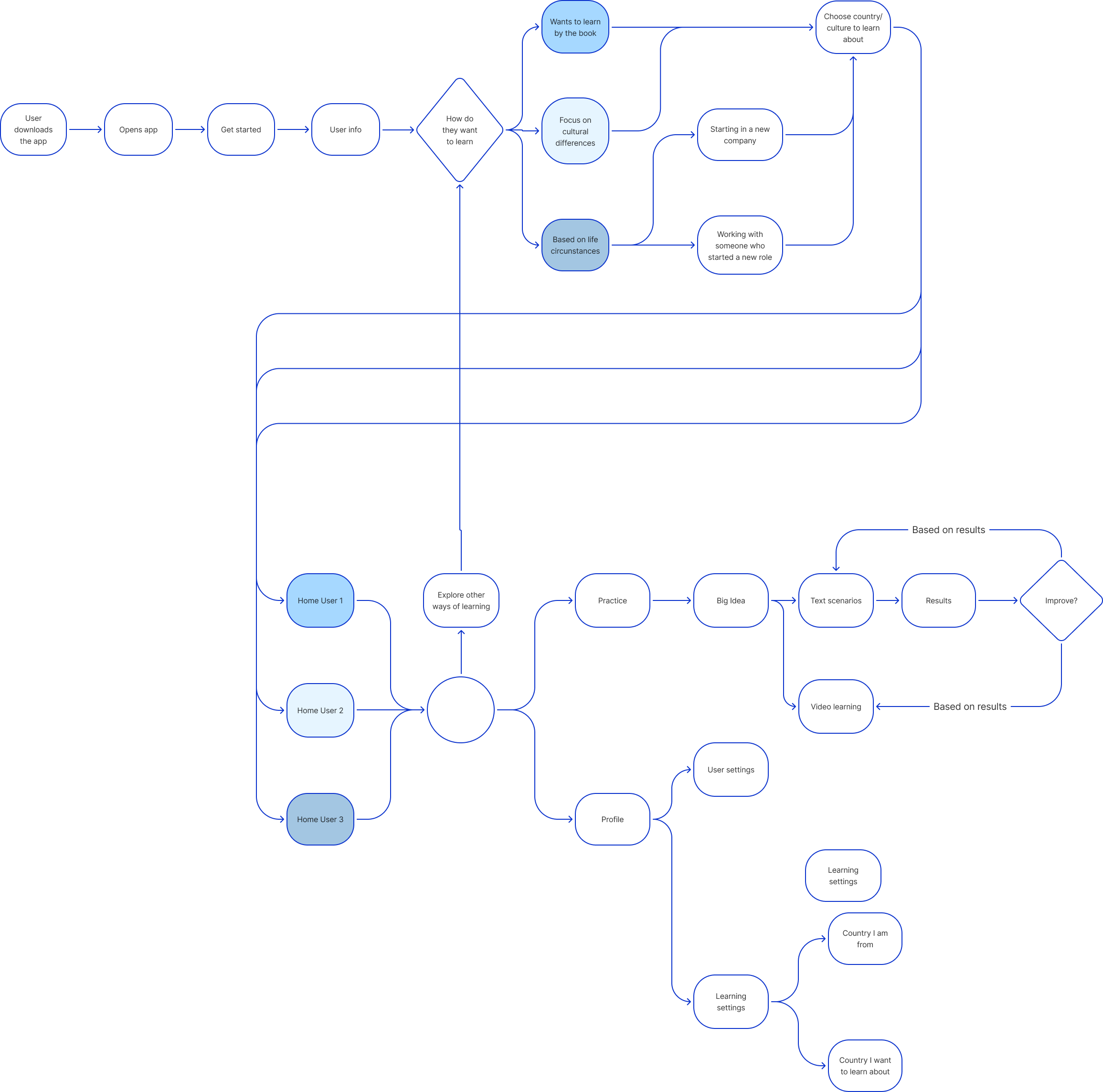 A detailed flowchart diagram displaying multiple pathways for learning and exploring cultural differences, personal preferences, and settings, with decision points and various options branching out from each stage.