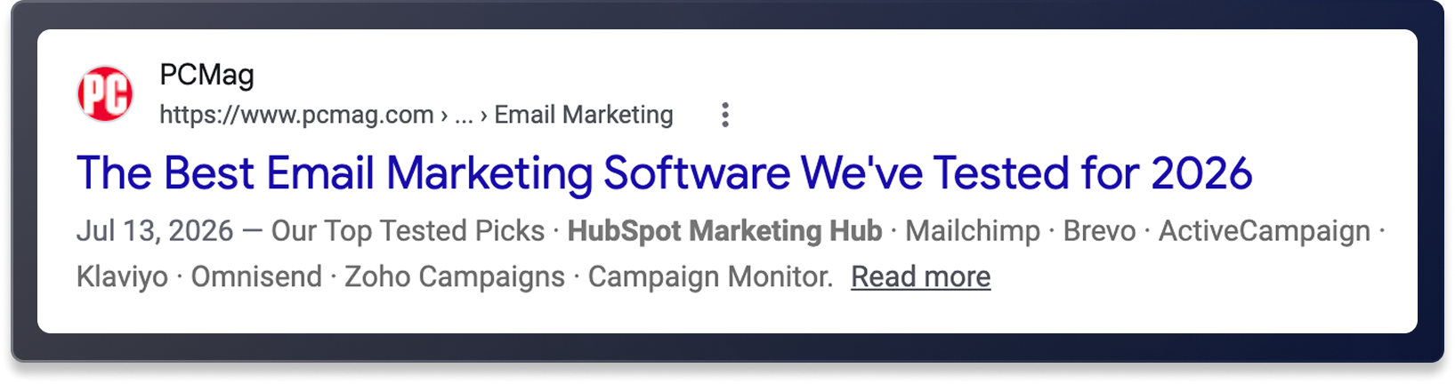 Google search result for PCMag’s “The Best Email Marketing Software We’ve Tested for 2026,” listing HubSpot, Mailchimp, Brevo, ActiveCampaign, Klaviyo, Omnisend, Zoho Campaigns, and Campaign Monitor.