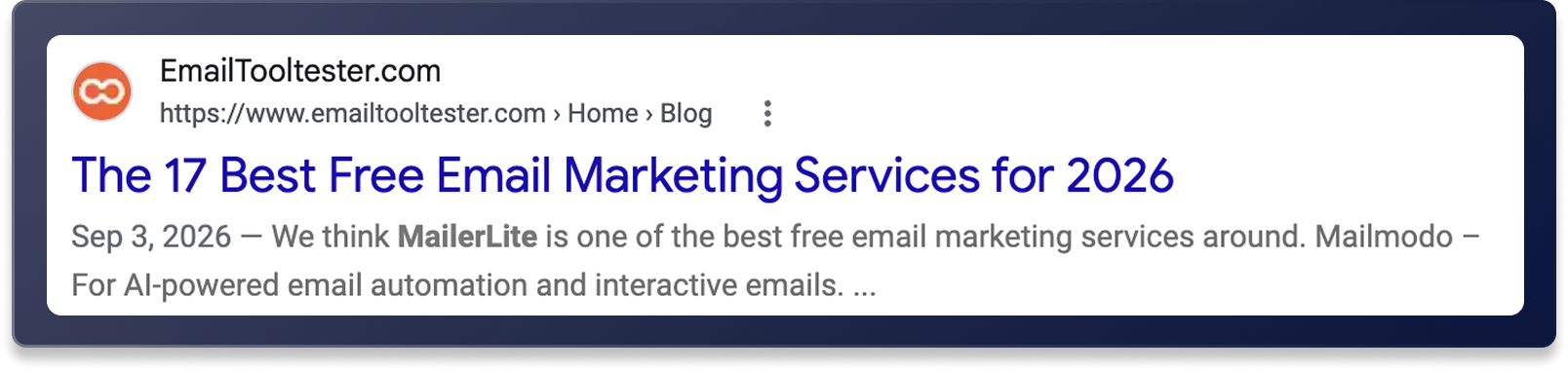 Google search result from EmailToolTester.com titled “The 17 Best Free Email Marketing Services for 2026.”