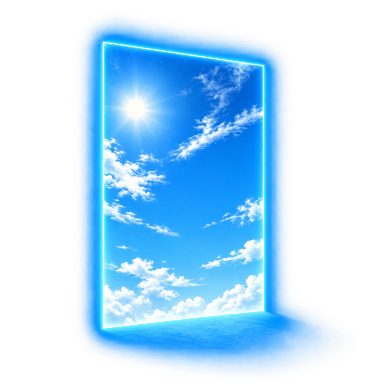 Glowing rectangular doorway opening to a bright blue sky with sun and fluffy white clouds