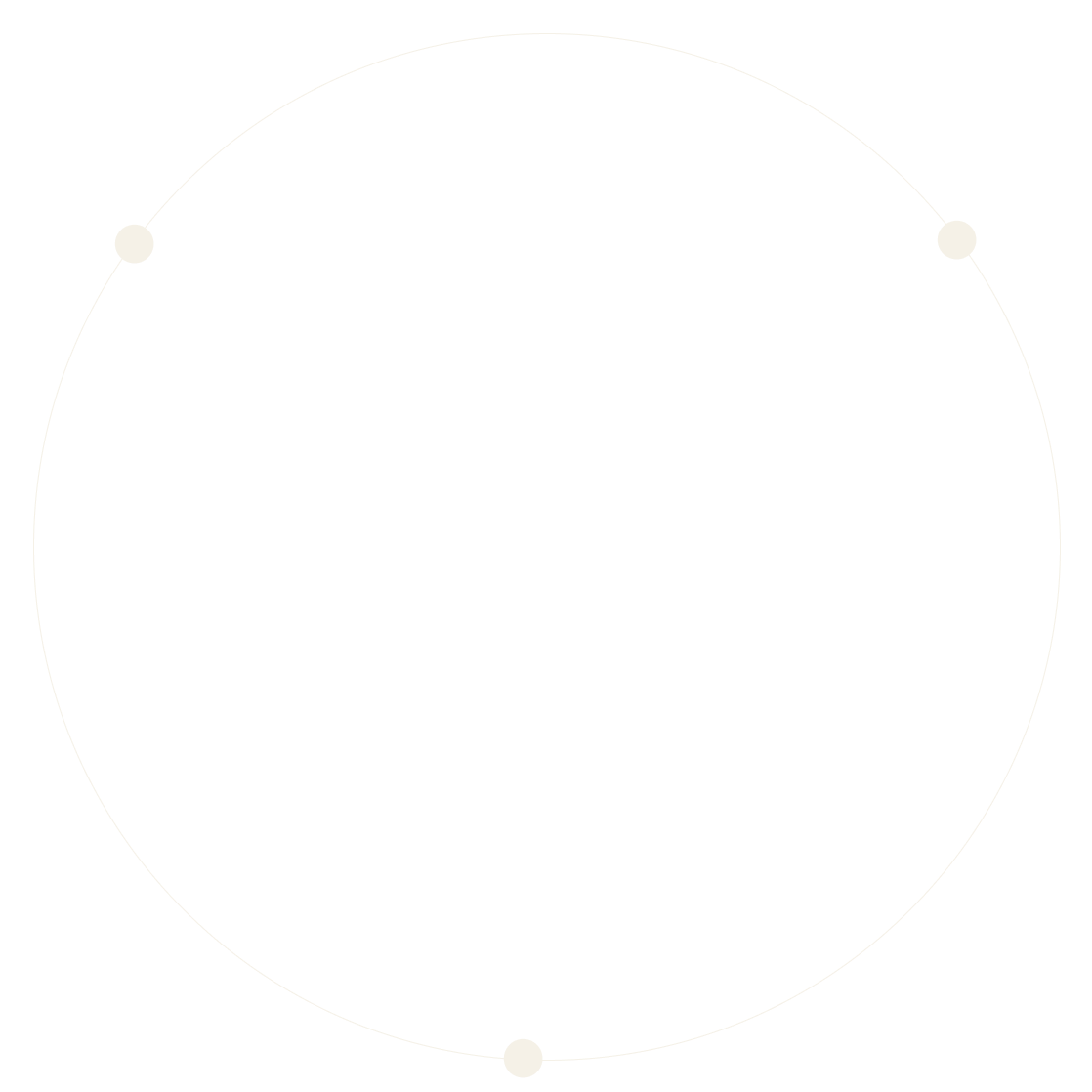 Black background with a thin white circle outline and three cream-colored dots positioned along its perimeter.