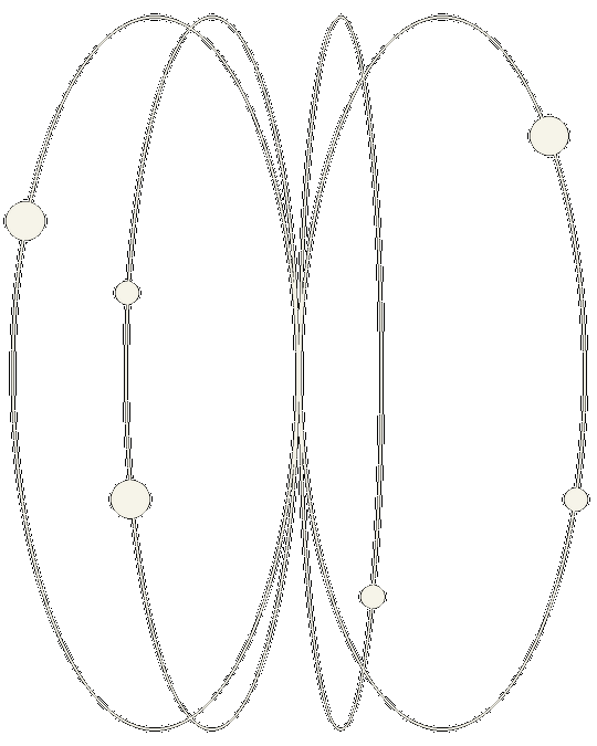 Abstract black background with overlapping cream orbital curves and six circular nodes.
