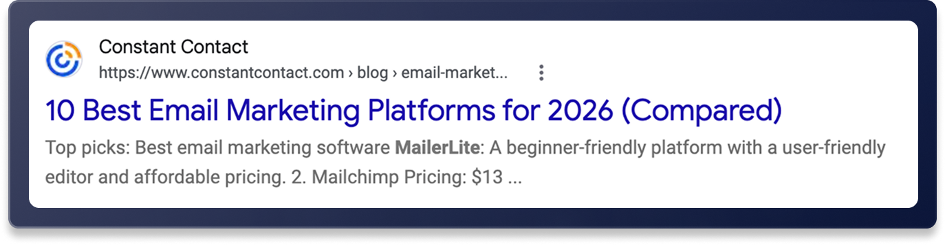 Google search result for Constant Contact’s “10 Best Email Marketing Platforms for 2026 (Compared)” blog post