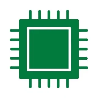 Green computer chip or microprocessor icon with a square in the center.