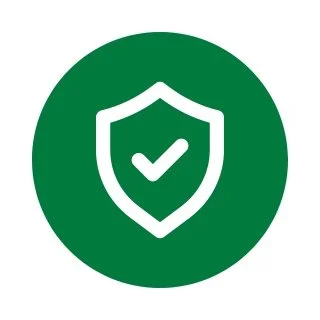 Green circular icon with a white shield and checkmark inside.