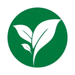 Green circular logo with a stylized white plant with three leaves.