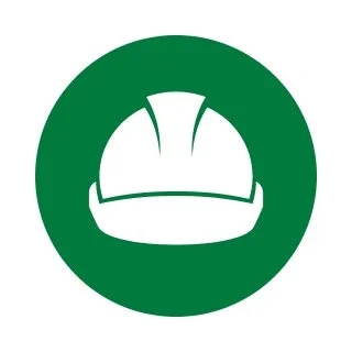 Green circular icon with white safety helmet symbol in the center.