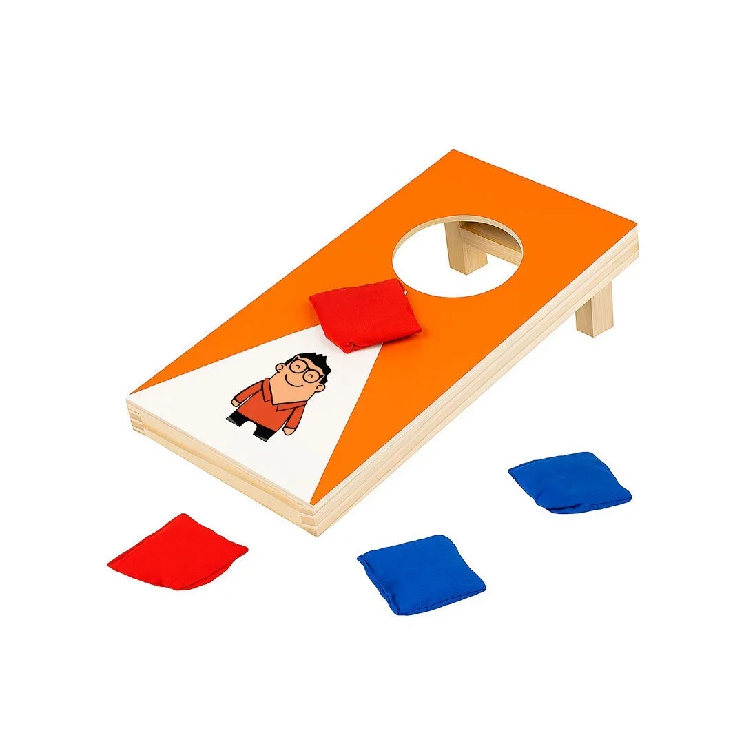 Custom mini table top cornhole game, 20 x 12 x 3 cm MDF board with pine frame and branded print, desk-size giveaway, Malaysia