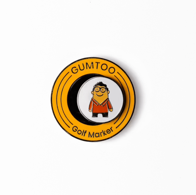 Poker chip style magnetic golf ball marker in orange and black with a central logo disc