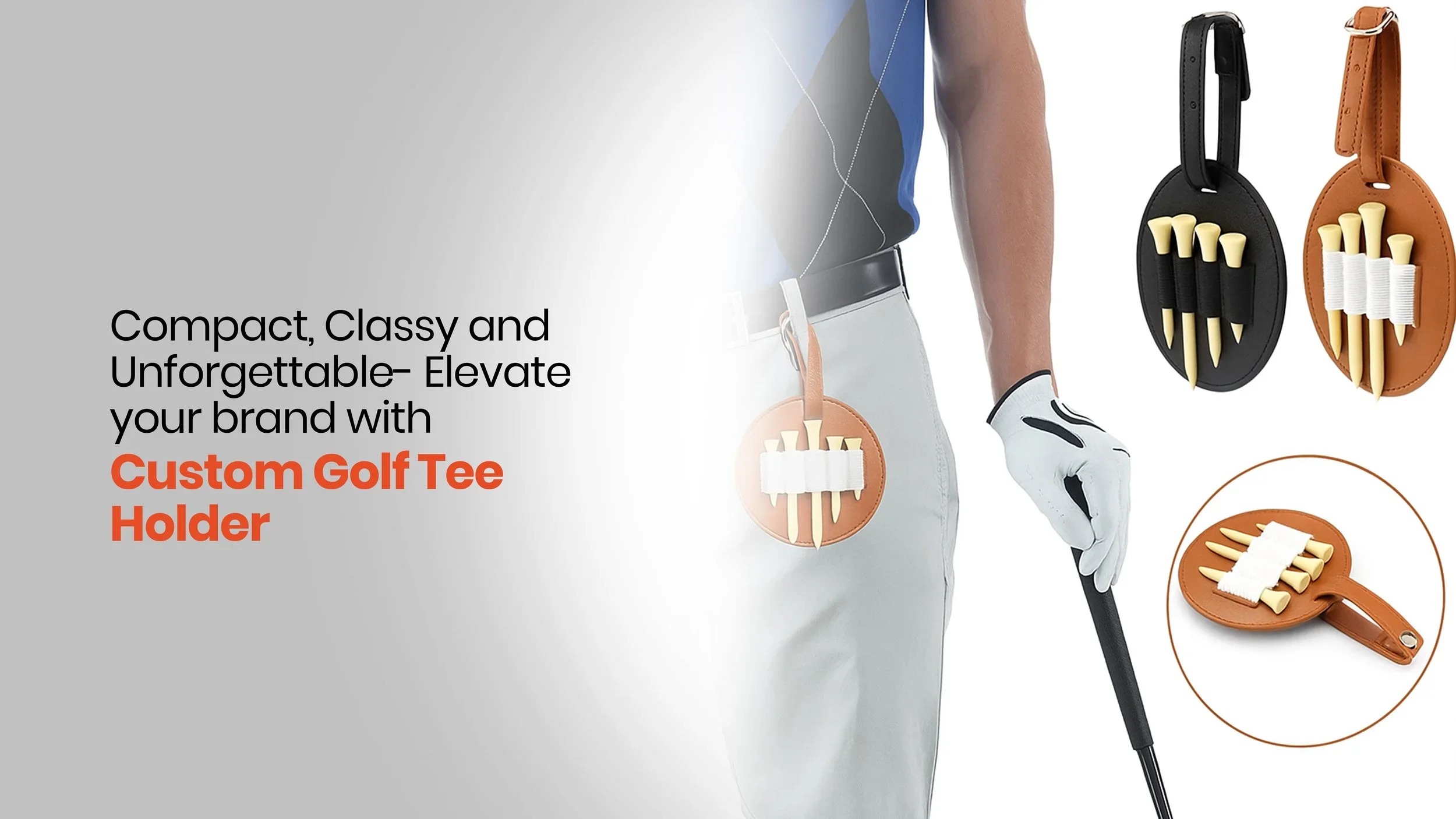 Custom PU leather golf tee holder with branded logo, holding golf tees for corporate golf days and tournaments Malaysia