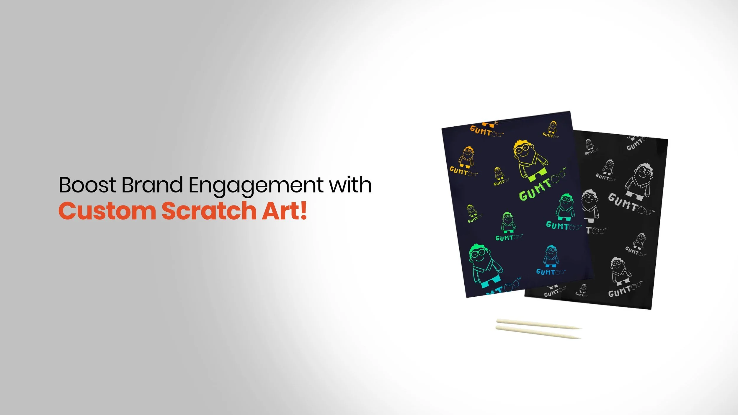 Custom DIY scratch art sheets with rainbow scratched mascot pattern and bamboo styluses, kids’ activity giveaway for zoos, museums and holiday promotions, retail merchandise Malaysia