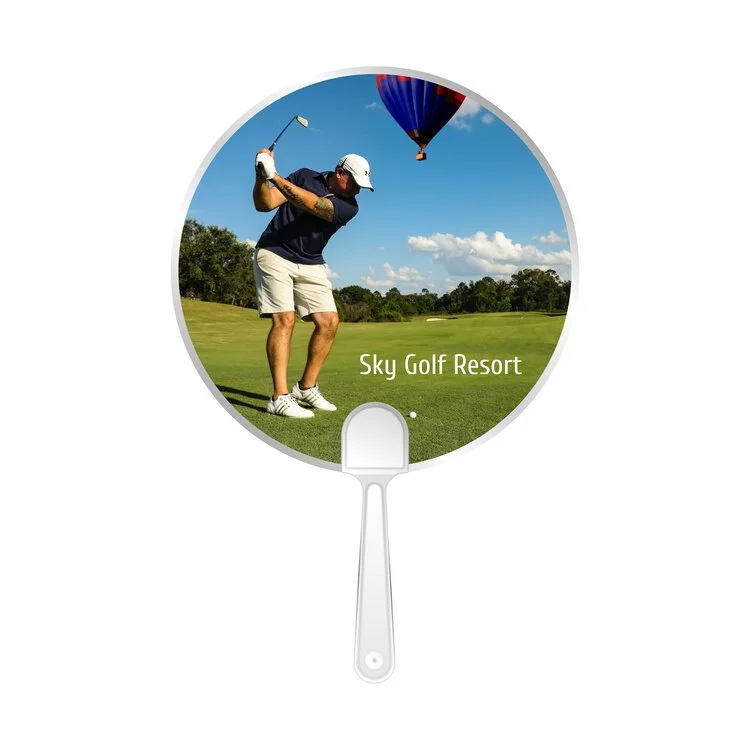 Round custom printed plastic hand fan with a moulded handle