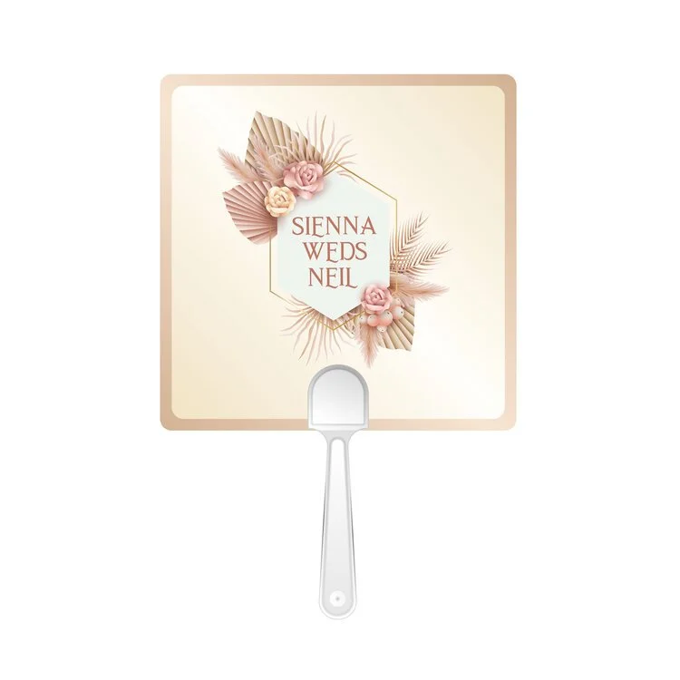 Square custom plastic hand fan printed as a wedding favour