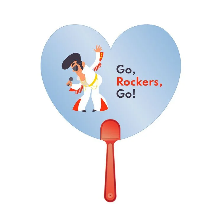 Plastic hand fan die cut to a custom shape around the printed design