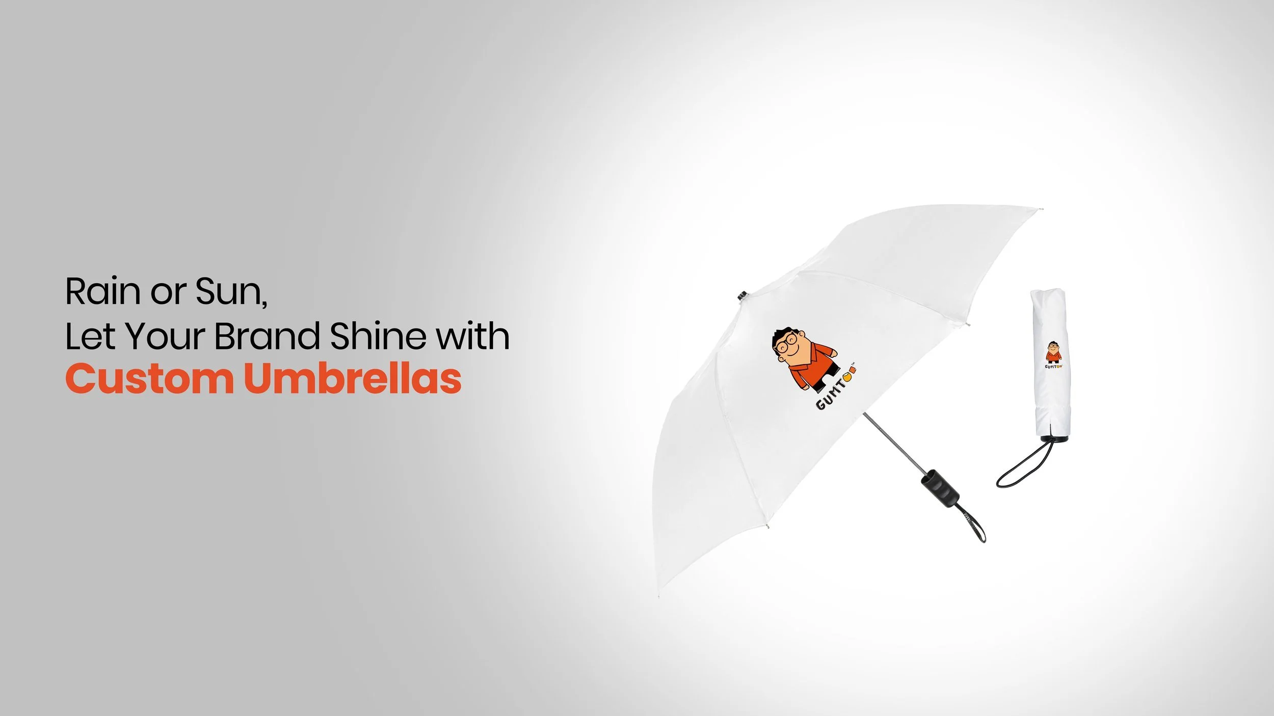 Banner showing custom white umbrella with Gumtoo Logo
