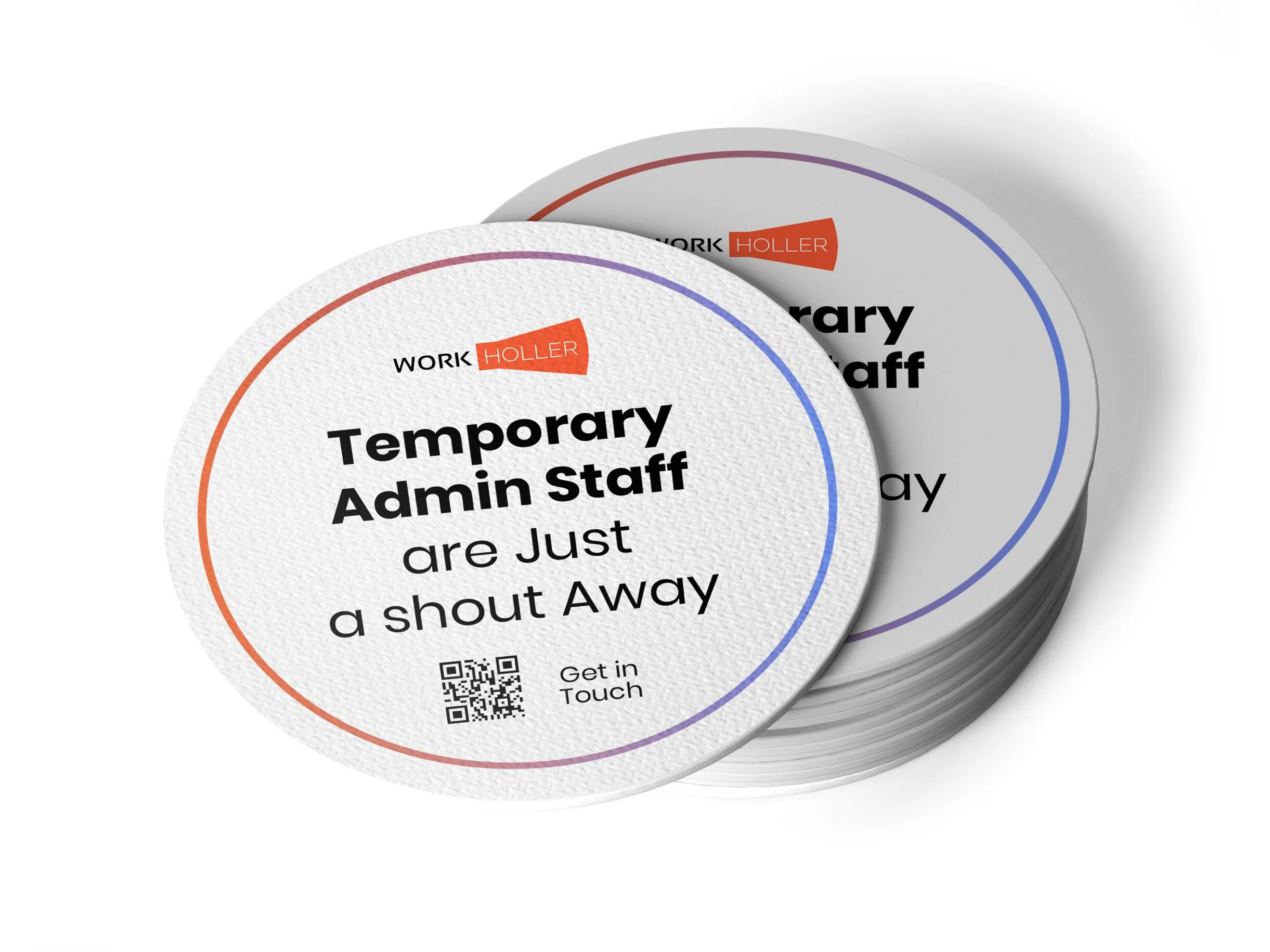 Stack of round white custom pulp board coasters printed with logo, message and QR code, affordable coasters for events serving drinks, retail merchandise Malaysia