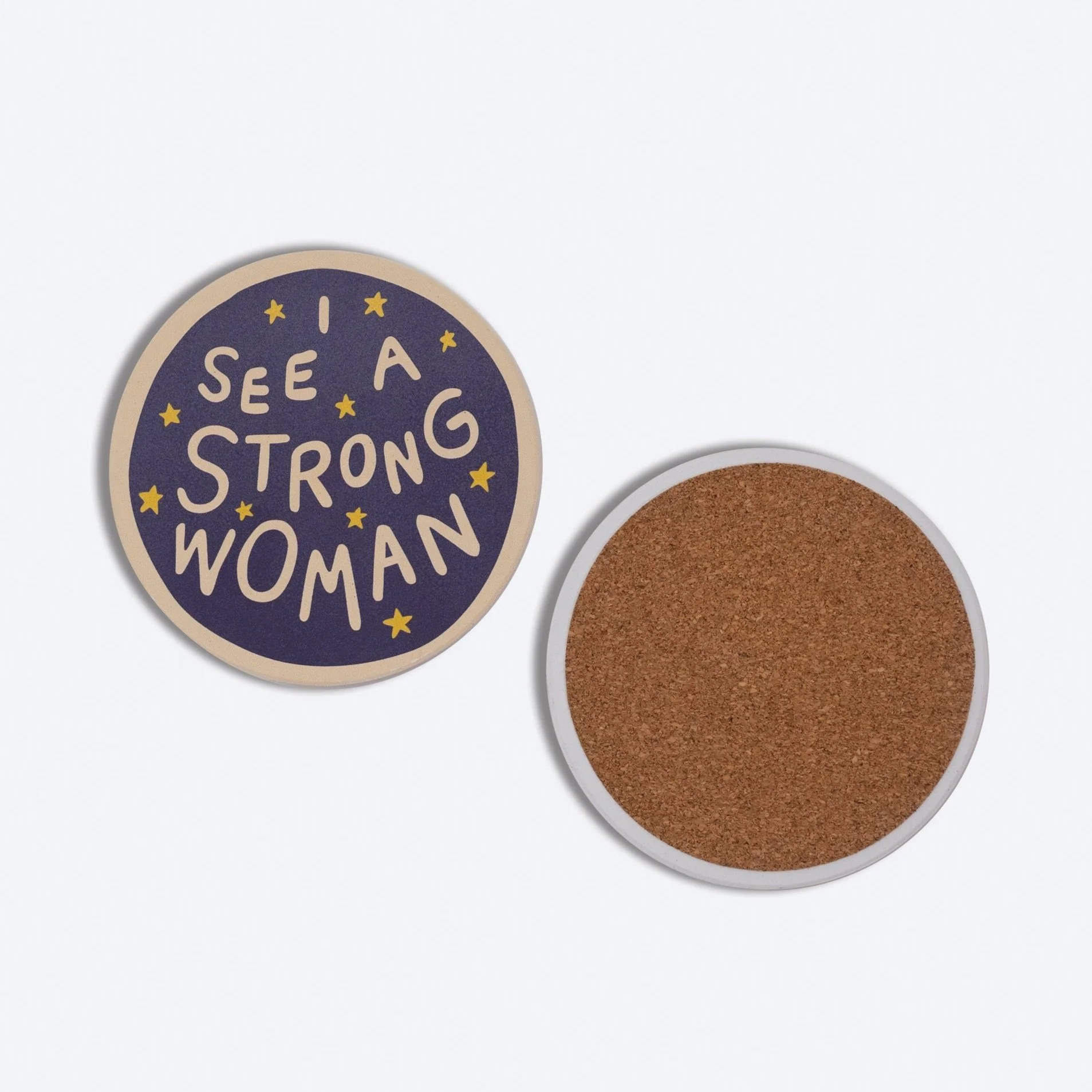 Round navy custom ceramic coaster printed “I See a Strong Woman” with cork backing, premium keepsake coaster for corporate gifts, retail merchandise Malaysia