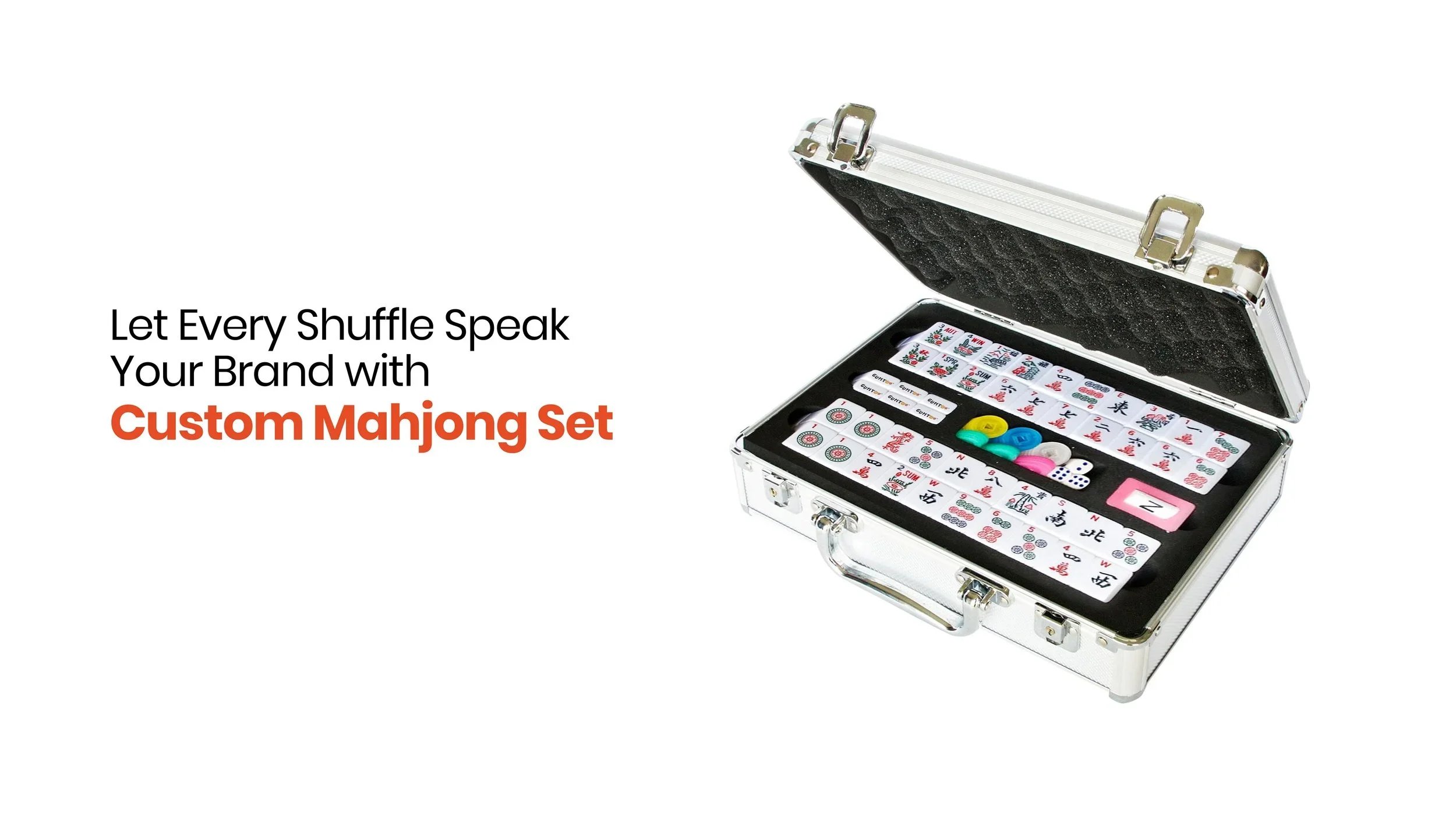 Custom mahjong set with branded tiles, racks and dice in a printed case, corporate gift for festive and client gifting, retail merchandise Malaysia