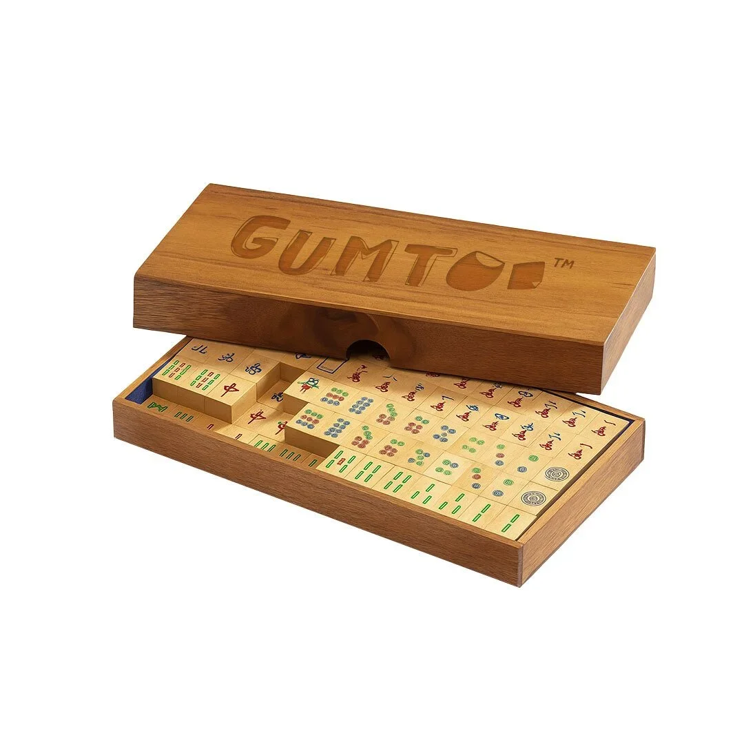 Custom mahjong set in a rustic wooden box with printed or engraved logo, heirloom-style corporate gift, Malaysia