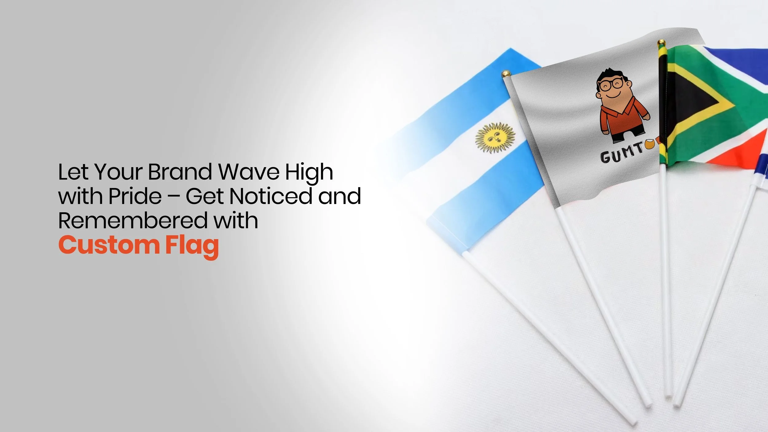 Custom printed hand flags on sticks including a branded logo flag, flags for school events, sports teams and parades, retail merchandise Malaysia