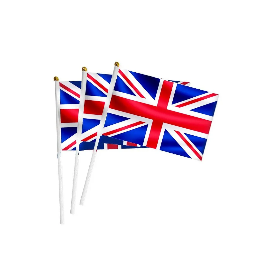 Custom satin hand flags printed with the Union Jack design, smooth glossy flags with a premium shine, retail merchandise Malaysia
