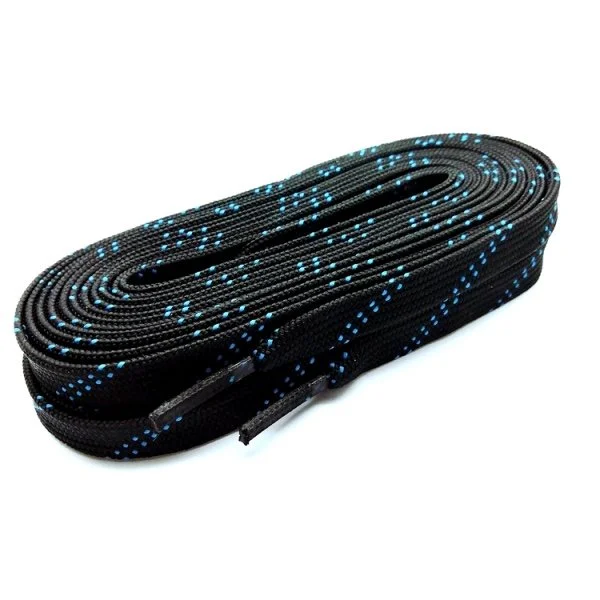 Coiled black waxed hockey laces flecked with blue, with moulded tips