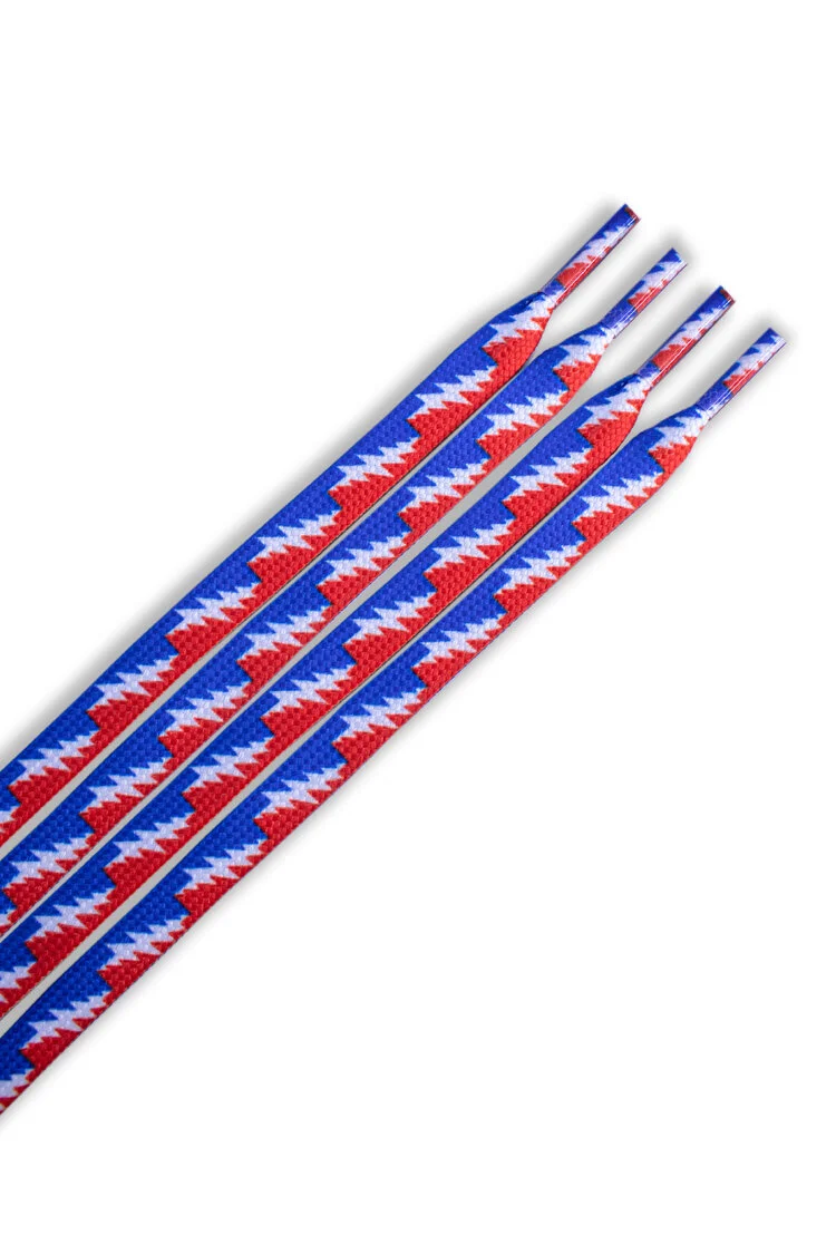 Heat transfer printed shoelaces with an all-over red, white and blue zigzag pattern