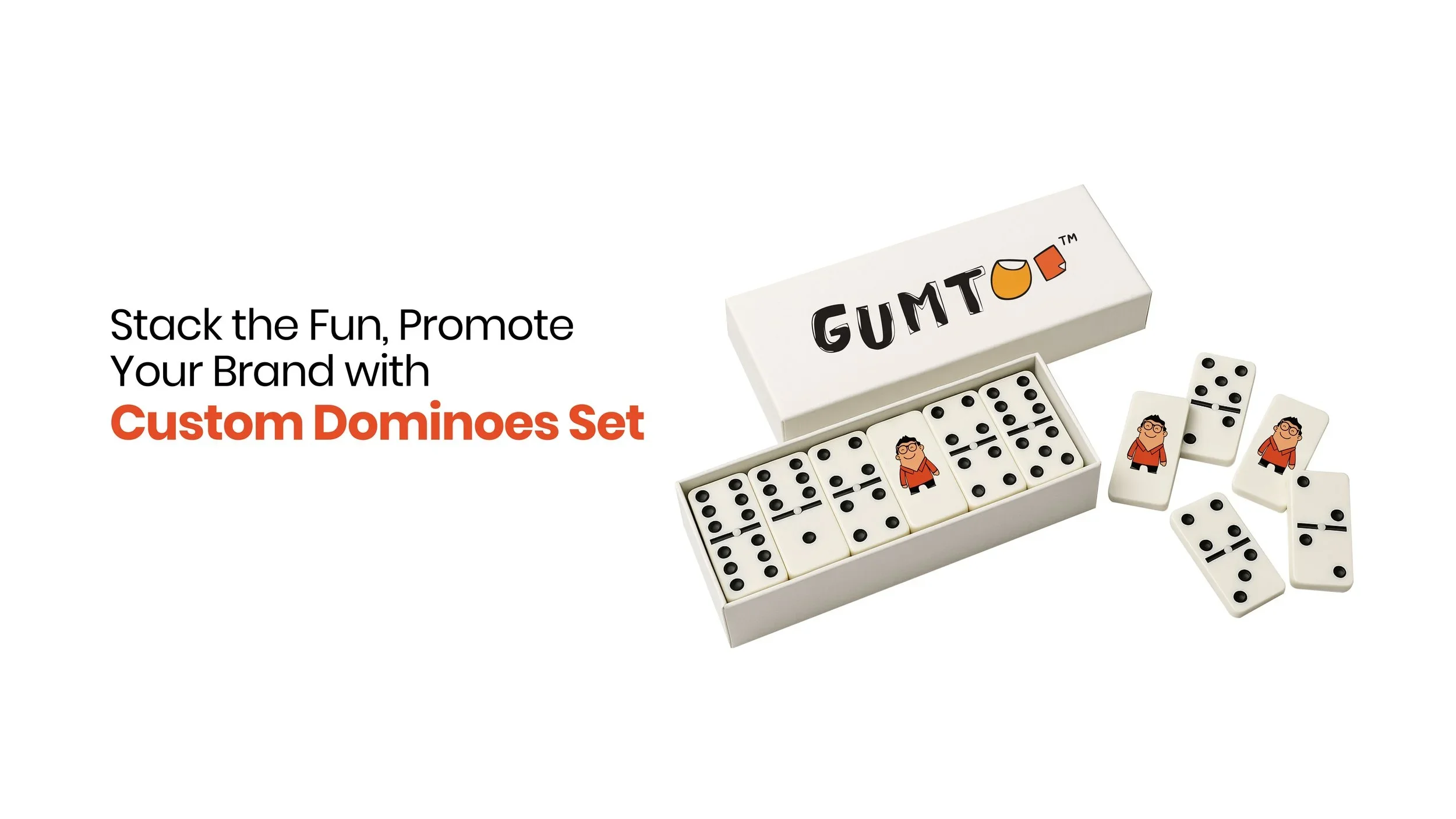 Custom dominoes set with ivory tiles and printed logo box, branded classic game for corporate giveaways and club kits, retail merchandise Malaysia