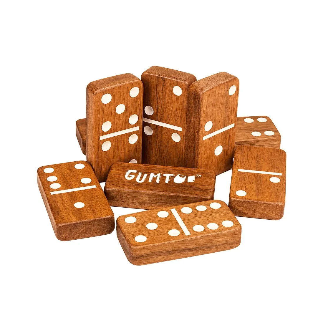 Custom wooden domino tiles in mango wood with engraved logo  and pips, eco-friendly rustic branded set, retail merchandise Malaysia