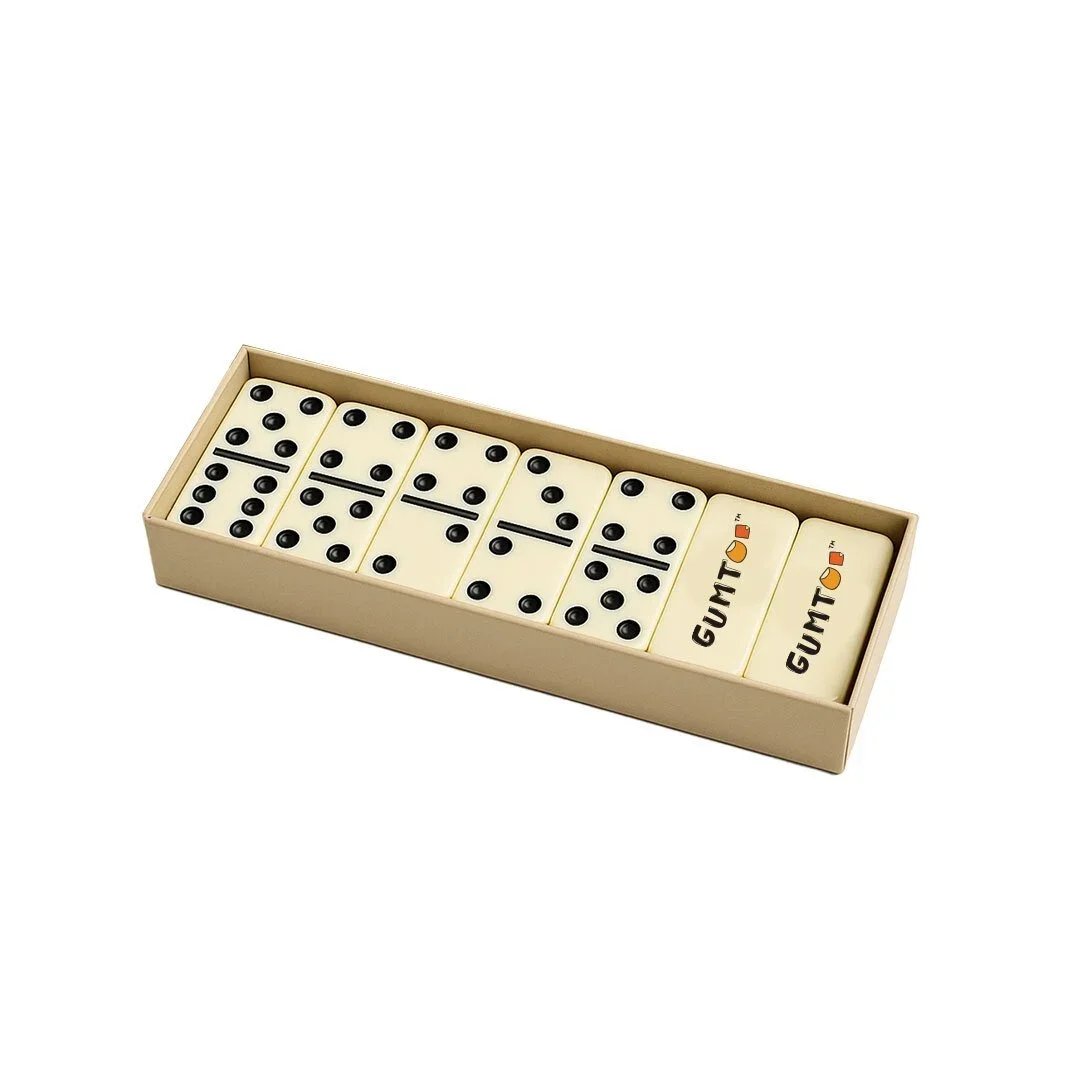 Custom double-six dominoes set of 28 tiles in a branded box, classic size for quick casual games, retail merchandise Malaysia
