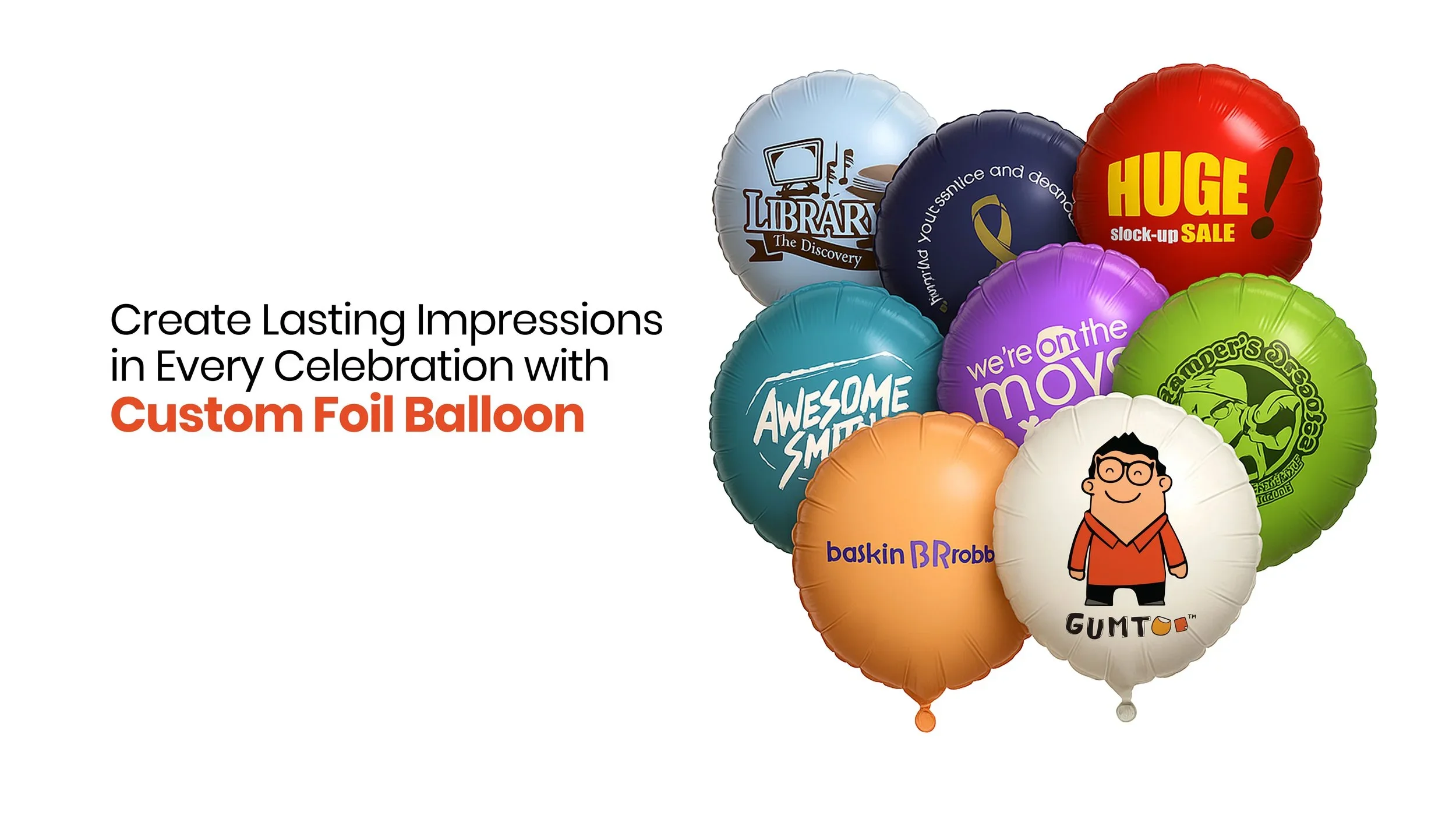 Cluster of round custom foil balloons printed with brand logos, metallic promotional balloons for launches and celebrations, retail merchandise Malaysia