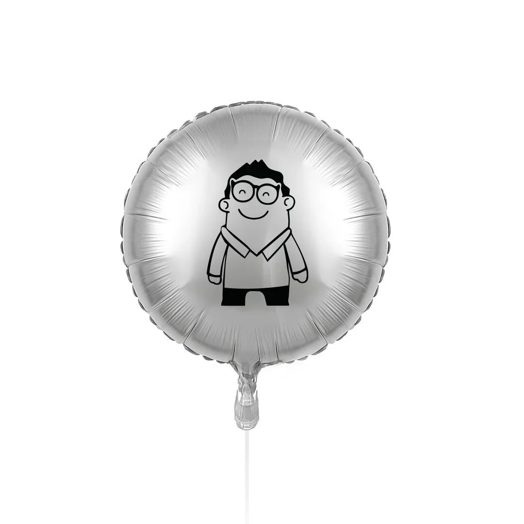 Silver custom foil balloon with single-colour black logo print, simple branding for one-colour designs, retail merchandise Malaysia