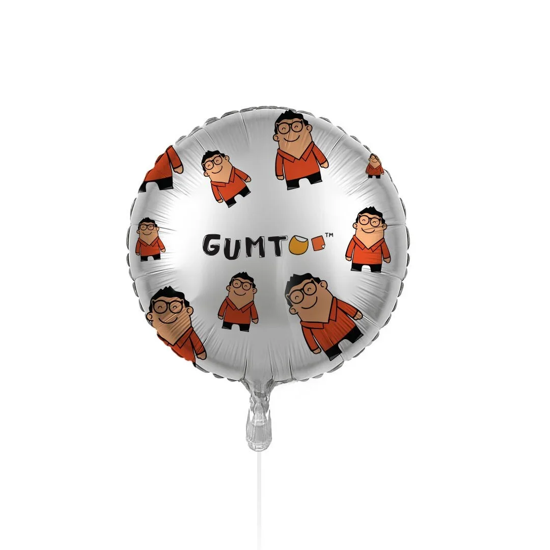 Silver custom foil balloon with all-over multi-colour logo print, vibrant branding for detailed designs, retail merchandise Malaysia