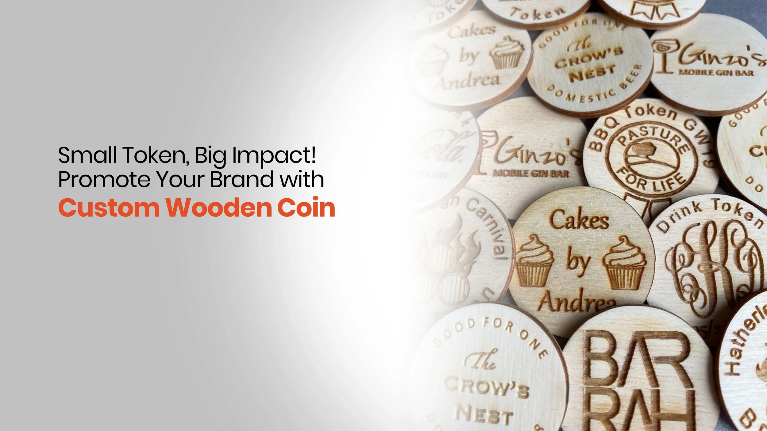 Pile of custom laser-engraved wooden coins with assorted logos and messages, eco-friendly tokens for events and loyalty rewards, retail merchandise Malaysia