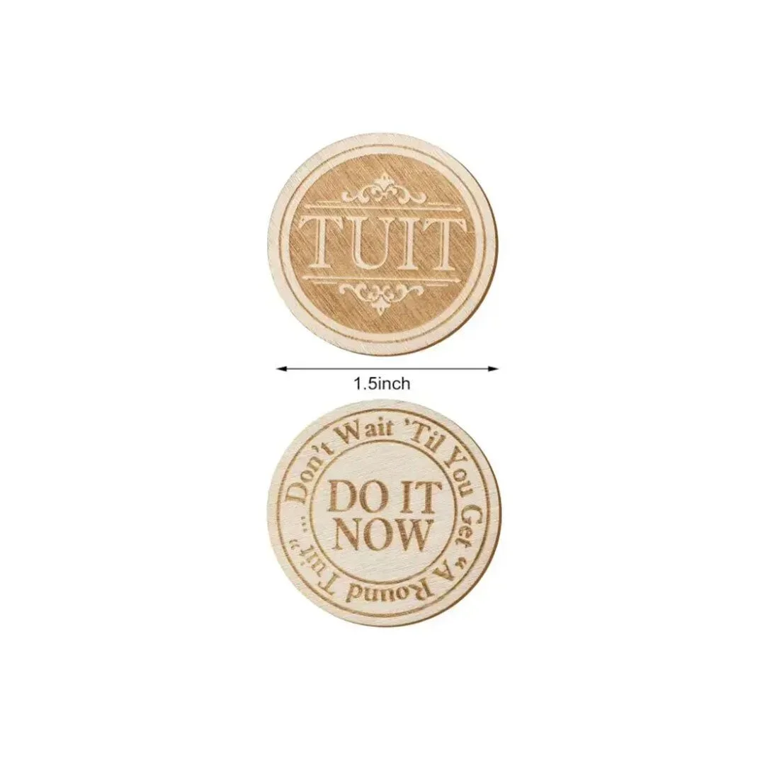 Standard 1.5 inch (3.8 cm) custom wooden coin shown front and back with engraved logo and message, retail merchandise Malaysia