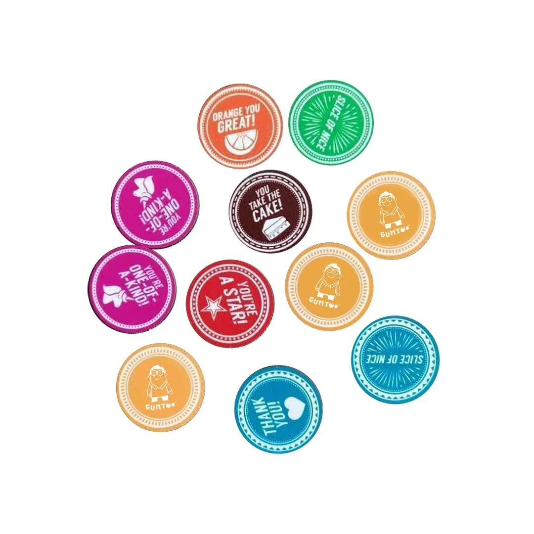 Custom wooden coins with full-colour printed logos in pink, green, teal and orange, vibrant branding for detailed designs, retail merchandise Malaysia