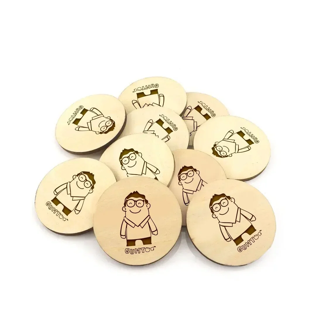 Natural hardwood custom coins with laser-engraved logo, premium long-lasting branding, retail merchandise Malaysia