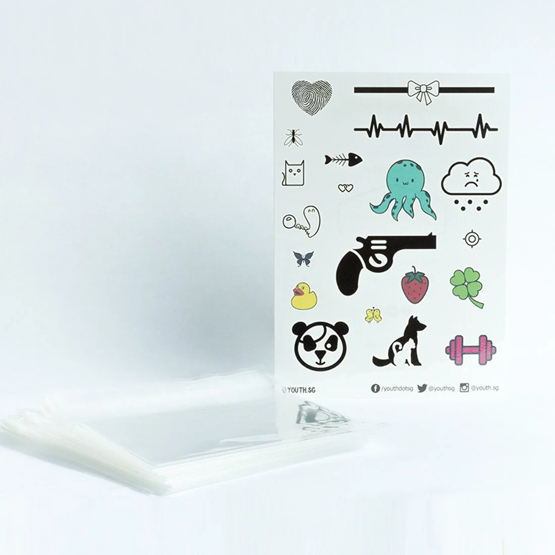 Custom temporary tattoo sheet sealed in a clear protective bag, ready as a goodie bag insert