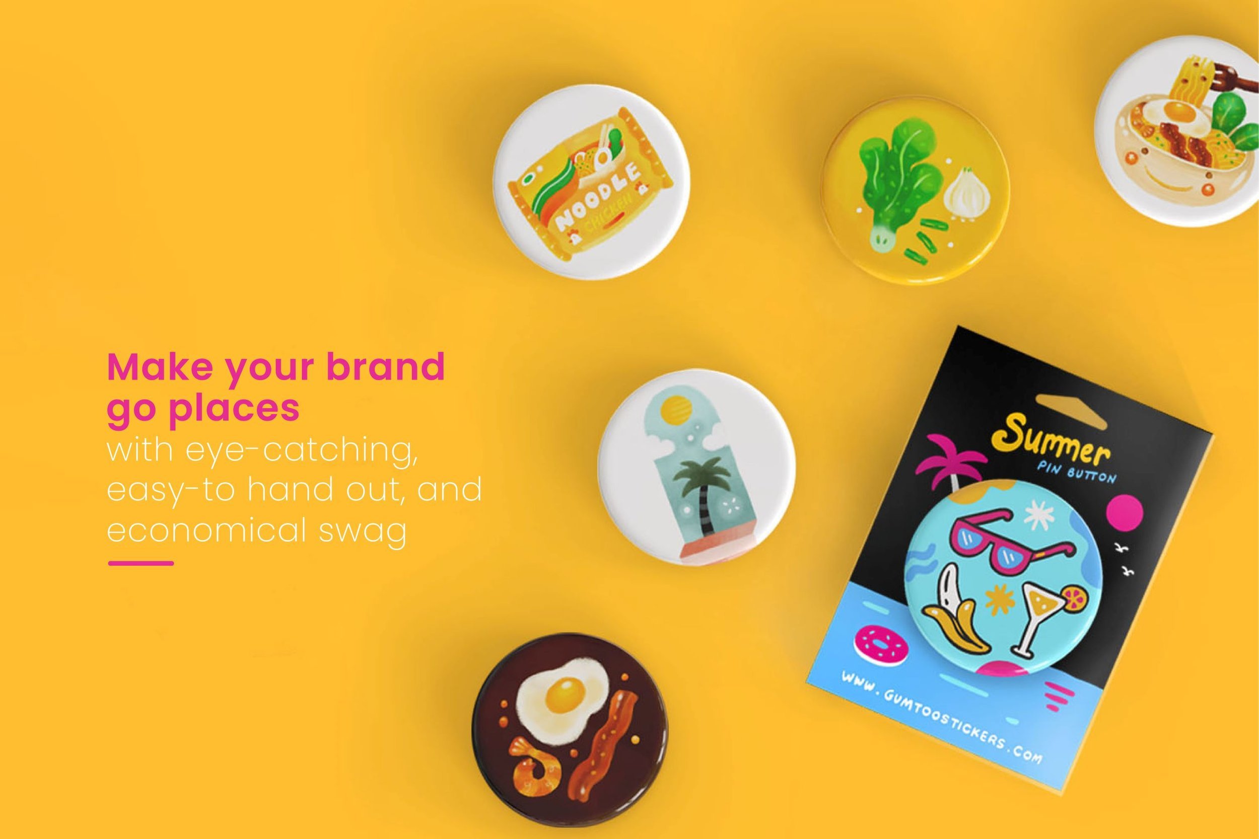 Make your brand go places - illustrated food design button badges on a yellow background with a printed backing card