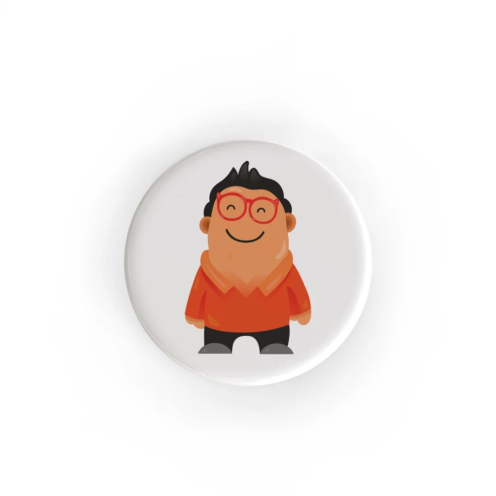 1.25 inch custom button badge with a printed character design