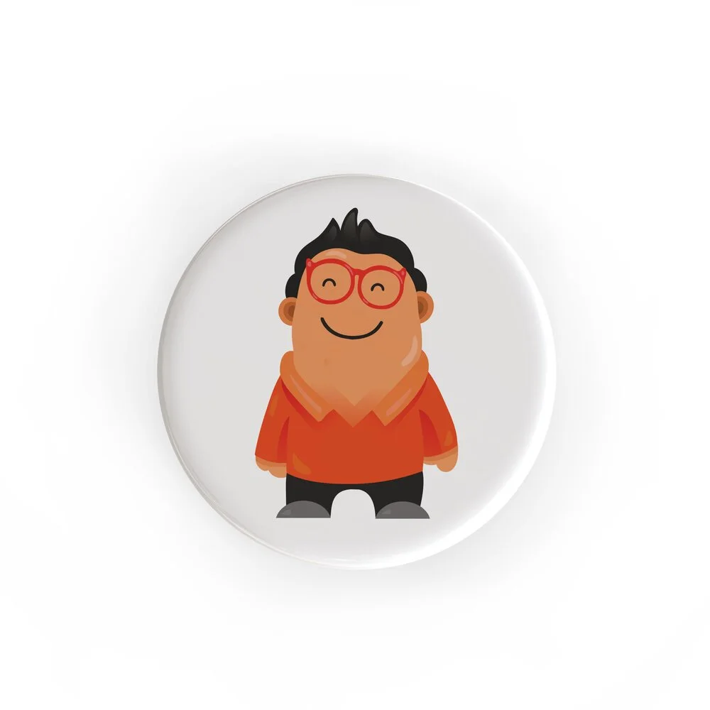 1.5 inch custom button badge with a printed character design