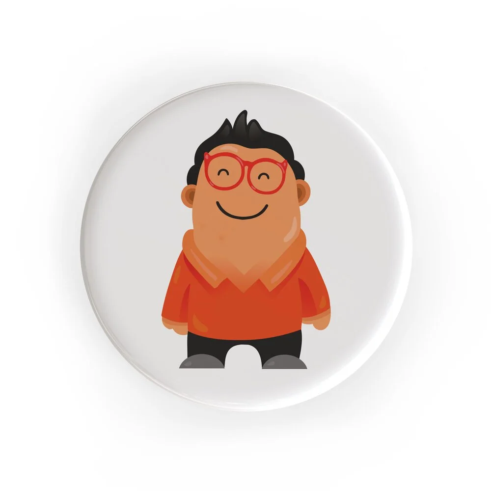 2 inch custom button badge with a printed character design